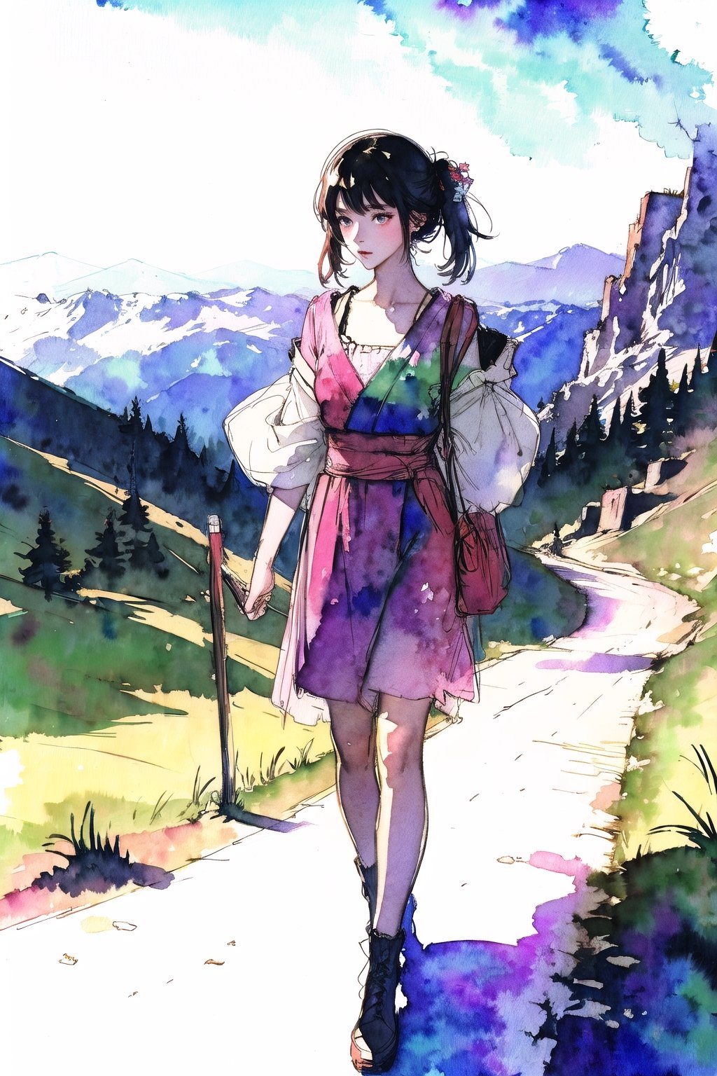 1girl,   walking in a beautiful mountain 
syphabelnades,amano yoshitaka, 
watercolor  , sketch 