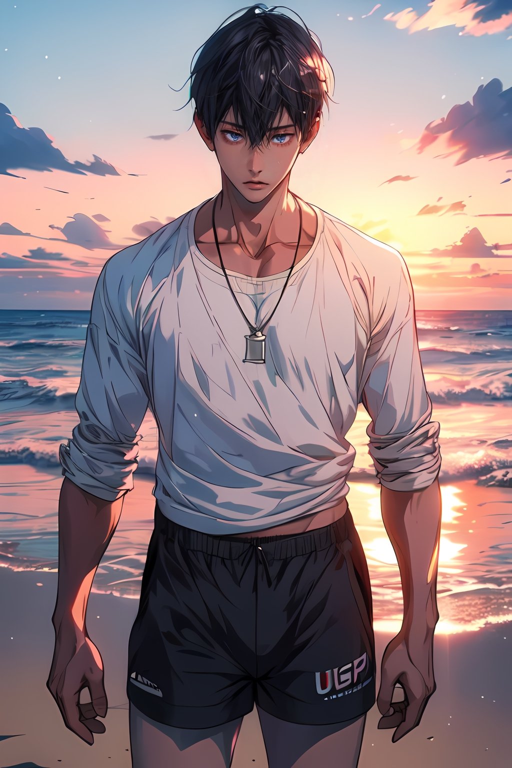 (1boy)  , sunrise, beach, taned skin,  best quality, ultra high res, ultra detailed, cinematic lighting, soft lights, (masterpiece, high quality:1.4), 
nanase_haruka
niji
 shorts