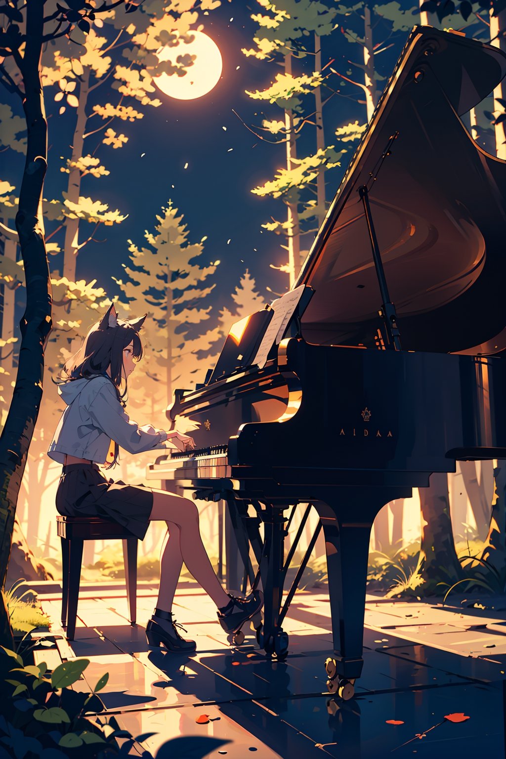   
 a Cat girl playing Piano at Night in a Forest moon light, dramatic lighting
  masterpiece, 