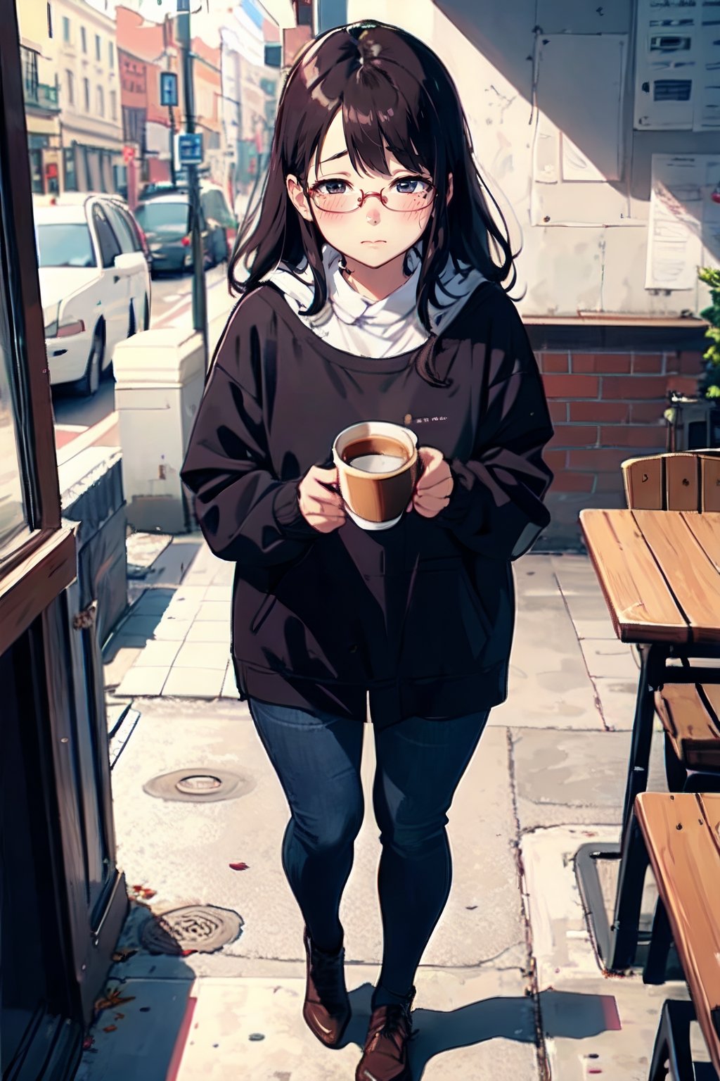 1girl (thick frame glasses),  blush, shy,
POV, dating,   coffee cup, full body,