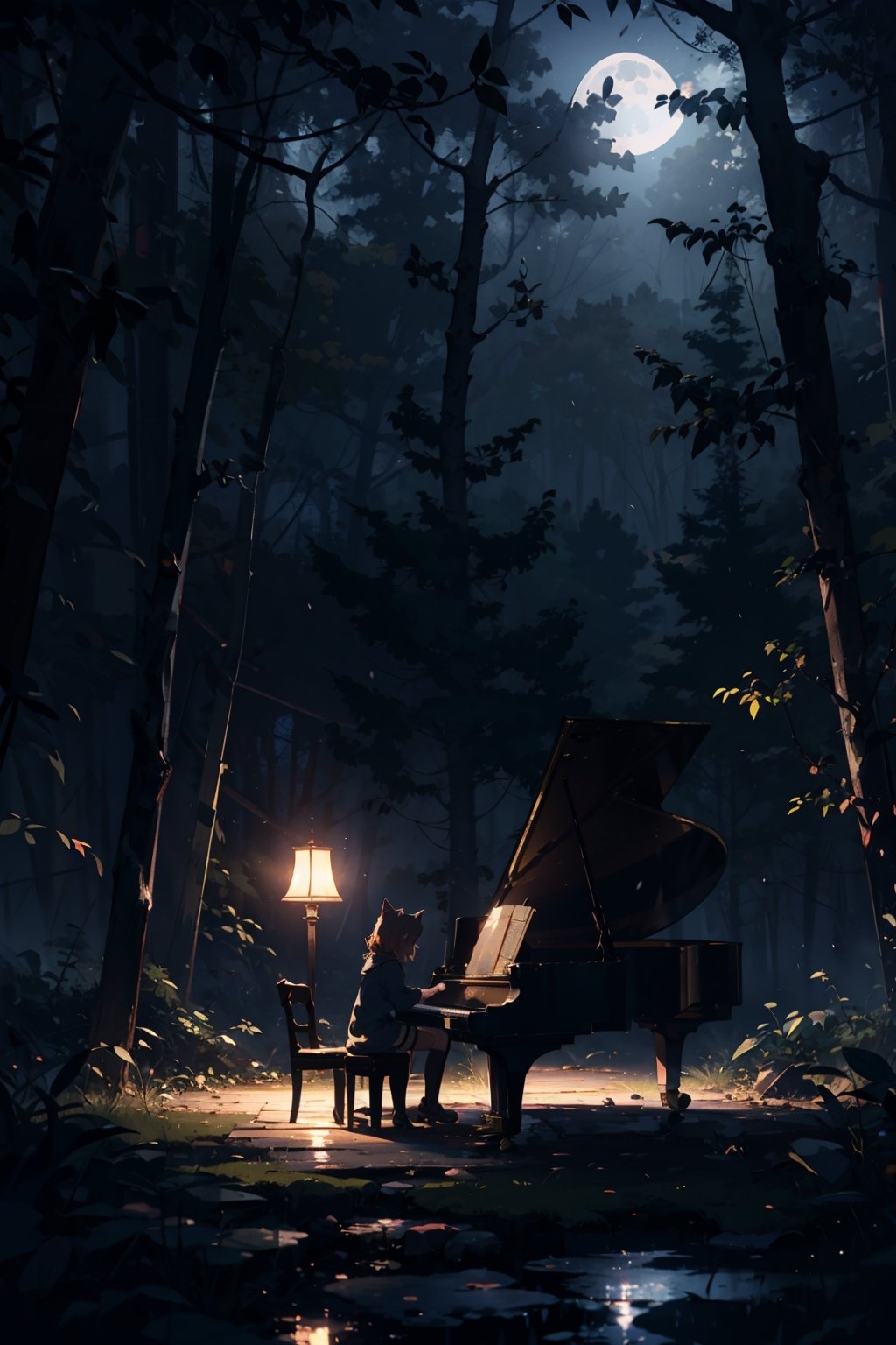   
 a Cat girl playing Piano at Night in a Forest moon light, dramatic lighting
  masterpiece, 