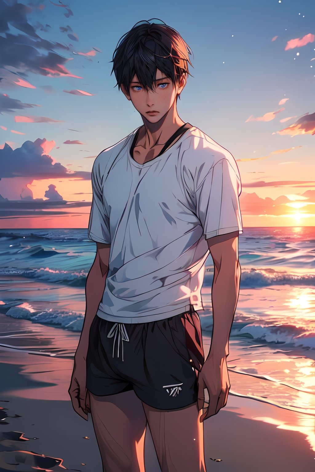 (1boy)  , sunrise, beach, taned skin,  best quality, ultra high res, ultra detailed, cinematic lighting, soft lights, (masterpiece, high quality:1.4), 
nanase_haruka
niji
 shorts