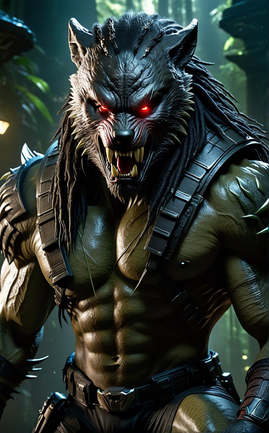 UltraHD, Hyper-realistic 32k, HQ, Realism werewolf, seamlessly merged with a skilled warrior in a fantasy realm. Embark on an epic quest filled with danger and magic, drawing inspiration from 'Predator', 'The Matrix', and 'The Alien"' to become one stunning superhero.