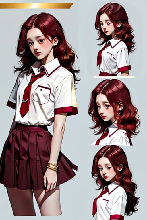 Masterpiece, high quality, 14k. 1 Girl, age 18, school uniform, bobbed hair, red hair, half-bundled hair, no bangs, dark red eyes, high nose, clear concave features, medium chest, muscular skinny body, gold bracelet with red jewelry, short sleeve shirt, thigh-high pleated skirt, little flush,kallen stadtfeld