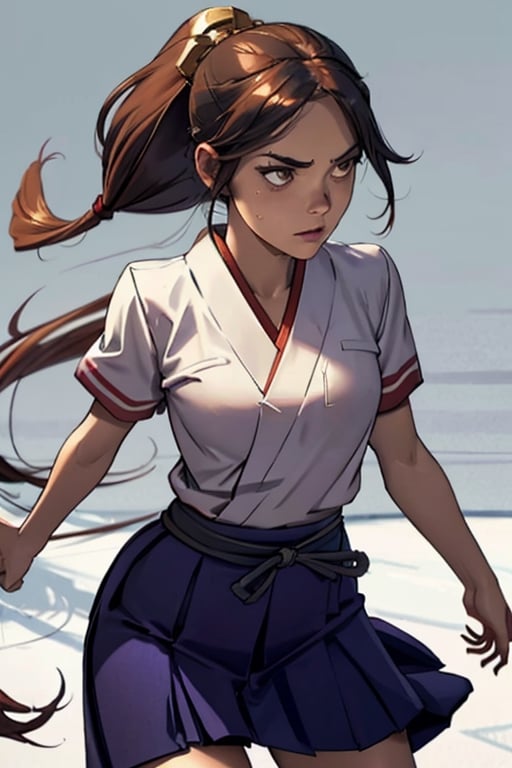 Japanese, 1 girl, (Japanese school uniform), ponytail, long hair, (winded hair and skirt: 1.2), (masterpiece, high quality, 14K, detailed face, detailed hands, detailed eyes, high resolution, perfect anatomy, highly detailed skin), 19-year-old girl, Thicc thigh, focus on gaze thighs, very big chest, slim figure, perfect female figure, [realistic photo], (((Japanese))), ( draw a word), confrontation with enemy,school uniform,More Detail,fight scene