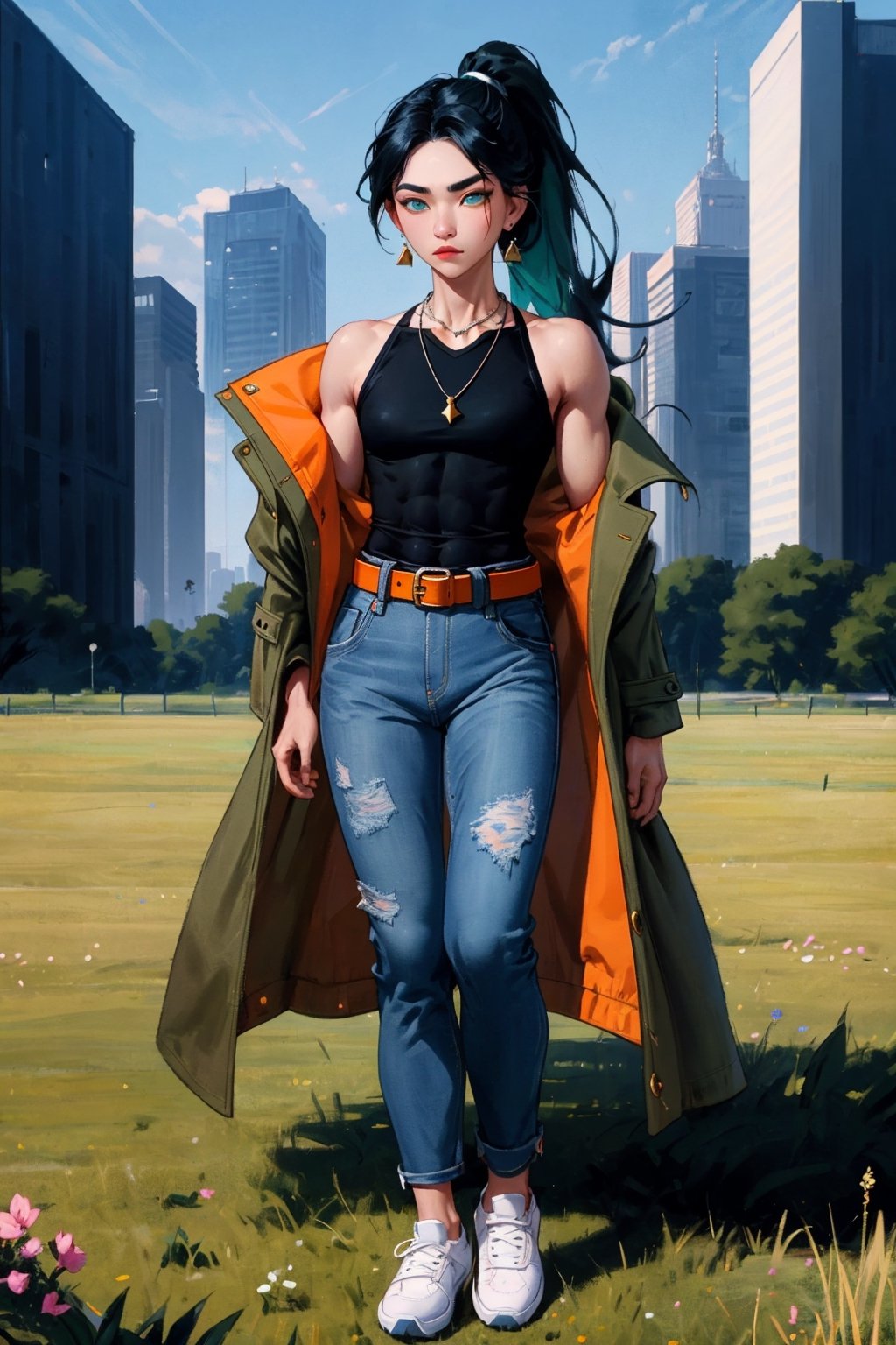 (Masterpiece, masterpiece, high resolution, high quality, minute details, intricate details, perfect human anatomy, perfect face, perfect eyes, perfect hands, detailed face and eyes, detailed skin),
City street, (((1 man))), (long blue hair), ponytail, straight hair, dark eyebrows, big eyes, blue eyes, handsome face, handsome man, collarbone, slim body, muscular body, wide shoulders, abs, tight T-shirt, (green field coat ), black belt, jeans, long pants, white sneakers, (wolf-shaped necklace), small cubic earrings, Asian,
,High detailed ,girl,full_body, 