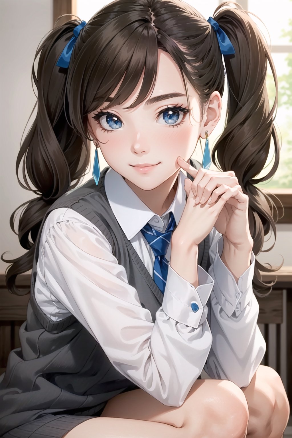 Extremely Realistic, Best quality, master piece, high resolution, high quality, high detail, perfect human anatomy, realistic , normal face and eyes and body and fingers and skin, perfect  face and eyes and body and fingers and skin, detailed face and eyes and body and fingers and skin, 16K,
1 girl, Japanese, light brown hair, long hair, wavy hair, pigtails, double hair, cute face, perfect female body, small breasts, skinny body, hairpin, inverted triangle earrings, checkered shirt, tie, sweater vest , missing bottoms fashion, knee socks, long-sleeved shirt, blush, forced smile, big eyes, park, cute pose,