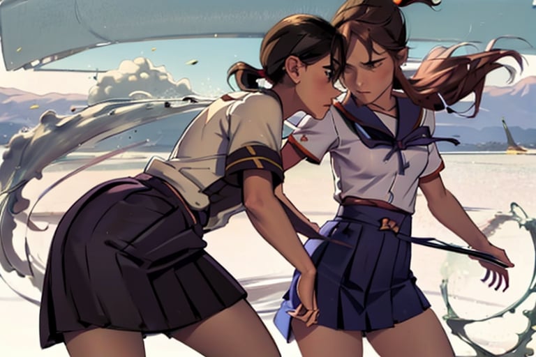 Japanese, 1 girl, (Japanese school uniform), ponytail, long hair, (winded hair and skirt: 1.2), (masterpiece, high quality, 14K, detailed face, detailed hands, detailed eyes, high resolution, perfect anatomy, highly detailed skin), 19-year-old girl, Thicc thigh, focus on gaze thighs, very big chest, slim figure, perfect female figure, [realistic photo], (((Japanese))), ( draw a word), confrontation with enemy,school uniform,More Detail,fight scene