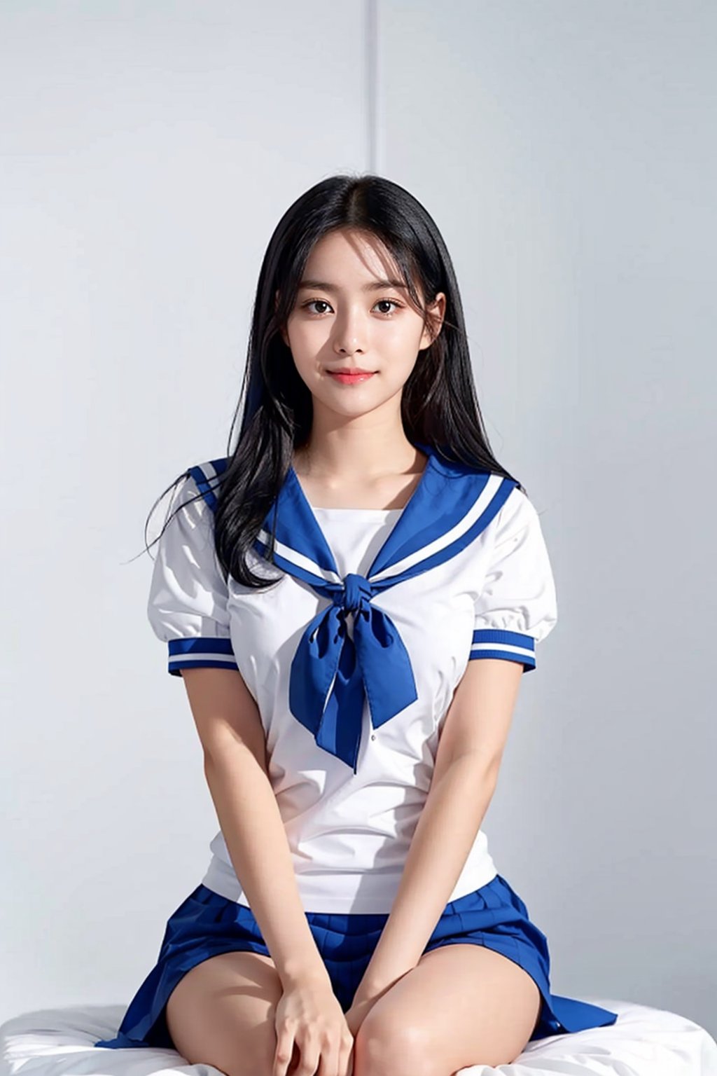 1girl,  18 years old,  (close-up photograph:1.5),  (extremely detailed face),  ((looking straight)),  symmetrical frame,  ((symmetrical pose:1.5)),   ,  looking_at_viewer,  (black hair),  (studio lighting ),  (white and blue sailor uniform,  short sleeve,  tight),  (white plain background:1.2),  (((( no make up))),  smile shyly , ,  , i,aoayunalorashy,1 girl