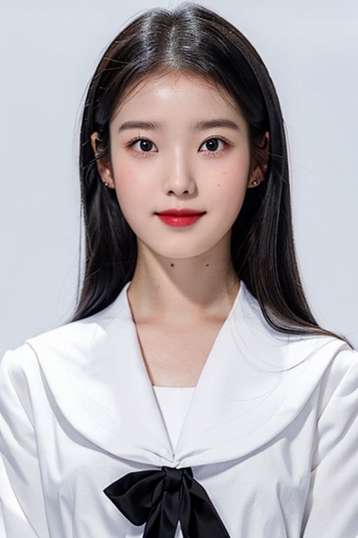 1girl,  18 years old,  (close-up photograph:1.3),  (extremely detailed face),    ((looking straight)),  symmetrical frame,  ((symmetrical pose)),  ,  looking_at_viewer,  (black hair), (studio lighting ), (white sailor school uniform), (white plain background:1.2),  no make up, smile shyly ,, ,iulorashy,