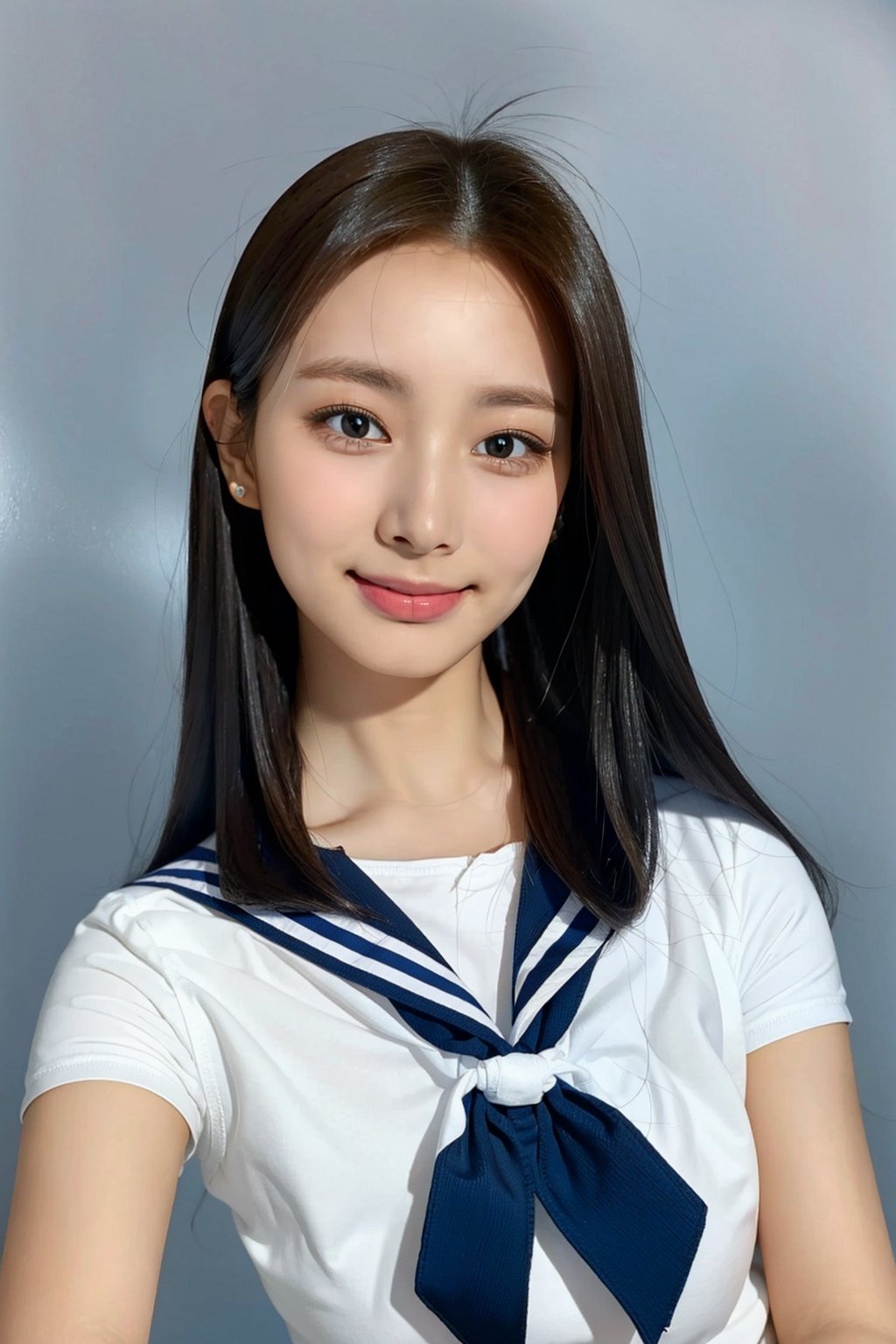 1girl,  18 years old,  (close-up photograph:1.5),  (extremely detailed face),  ((looking straight)),  symmetrical frame,  ((symmetrical pose:1.4)),   ,  looking_at_viewer,  (black hair),  (studio lighting ),  (white and blue sailor uniform,  short sleeve,  tight),  (white plain background:1.2),  (((( no make up))),  smile shyly , ,  , 1 girl,,tzuyulorashy