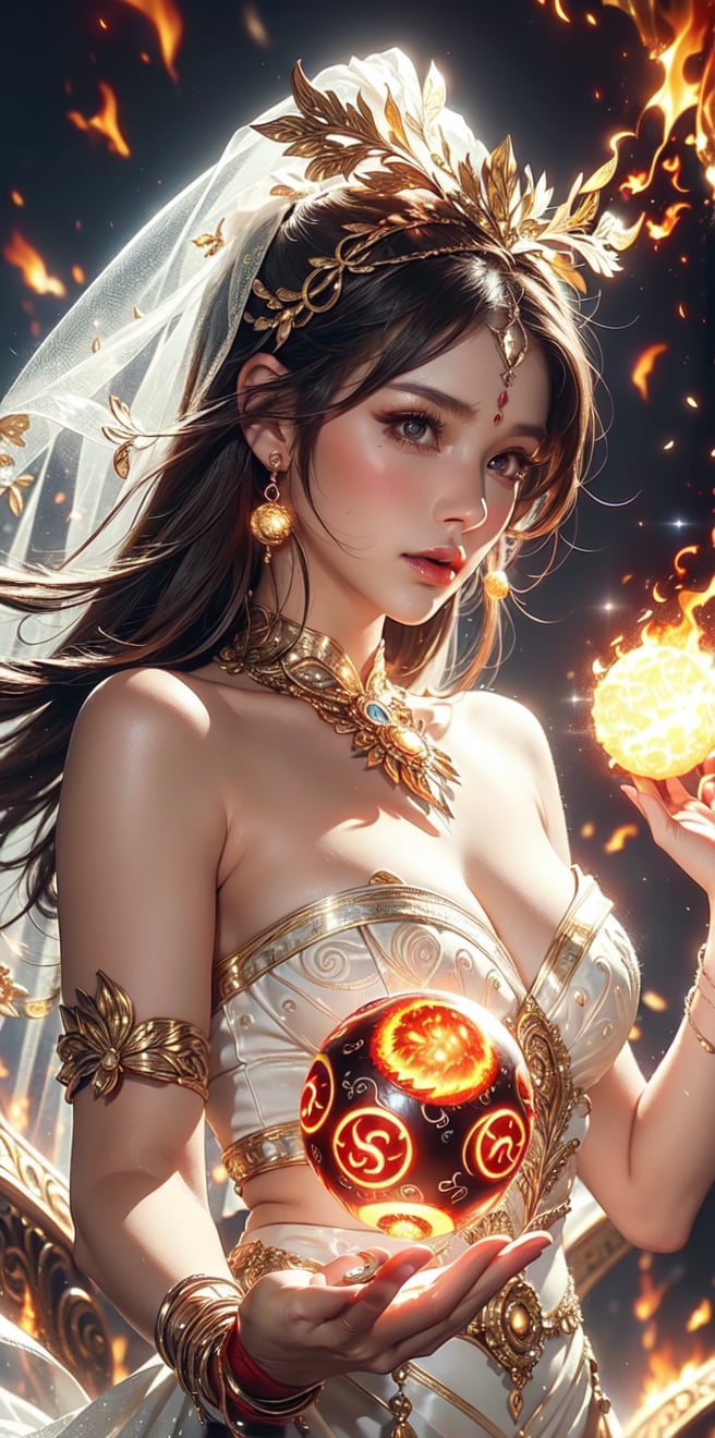 (goddess,bride,gaia),(Gorgeous sacred red glowing pattern:1.5),naked,busty,Fair face radiates radiance,((dark background)),glowing text("fire energy ball":1.4) on body,(Upper body pattern ,glowing_bits),