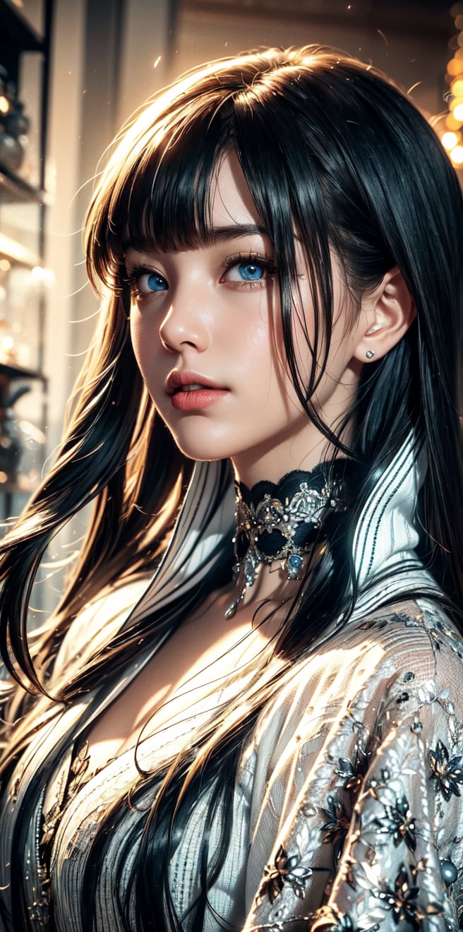 1girl, solo, long hair, smile, bangs, blue eyes, black hair,gorgeous pattern lace dress, ,Japanese shawl|Yatagarasu mark,closed mouth, white hair, multicolored hair, choker, blunt bangs, two-tone hair, streaked hair, ascot, capelet, black capelet,Fair and flawless face.masterpiece, beautiful and aesthetic, 8K, HDR, high contrast,raw photo, best quality, realistic, photo-Realistic,  high contrast, vibrant color, muted colors, cinematic lighting, ambient lighting, sidelighting, Exquisite details and textures,ultra realistic illustration, siena natural ratio.
