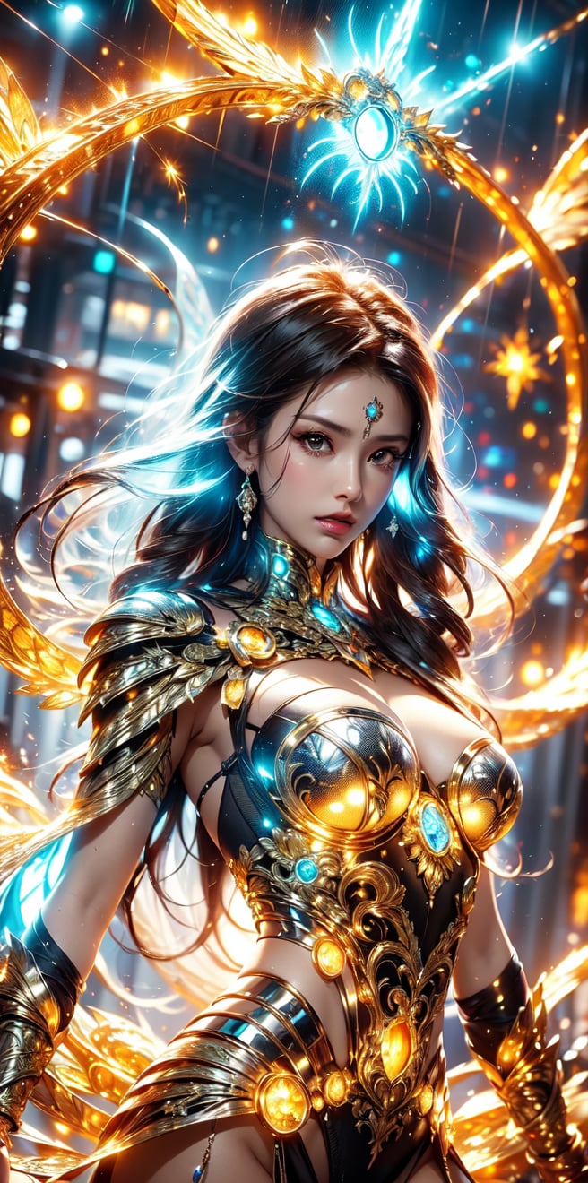 (goddess,venus,iron woman),busty,(Intricate luminous armor design:1.2),white plasma electromagnetic shield,crystal and silver entanglement,Star flash,(Persian Paisley clothes)