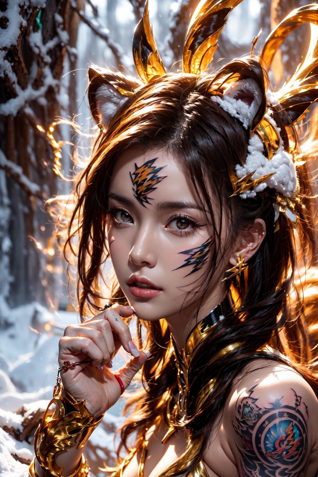 (((tiger))), (((goddess))),(((tiger ears))), (((lightning tatoo))), (((facial pattern))), (((snow))), RAW photo, best quality), (realistic, photo-Realistic:1.1), best quality, masterpiece, beautiful and aesthetic, 16K, (HDR:1.2), high contrast, (vibrant color:1.3), (muted colors, dim colors, soothing tones:0), cinematic lighting, ambient lighting, sidelighting, Exquisite details and textures, cinematic shot, Warm tone, (Bright and intense:1.1), wide shot, by xm887, ultra realistic illustration, siena natural ratio, (fantasy theme:1.4), from above, long Straight Light Brown hair, (a model look:1.5), bright red turquoise silk dress, a beautiful Colombian girl, 24yo, seductive look, sexy eyes, simple gradients, skin grain detail, a small earrings, by Roberto Ferri, the style of andreas rocha, dreaming face, sleek flowing shapes, with curly red hair, beeple and jean giraud, feathered hair, artbook artwork, detailed beautfiul face, center view, sculpting, stunning composition, sharp focus, emitting diodes, smoke, artillery, sparks, racks, system unit, motherboard, by pascal blanche rutkowski repin artstation hyperrealism painting concept art of detailed character design matte painting, 4 k resolution blade runner, 