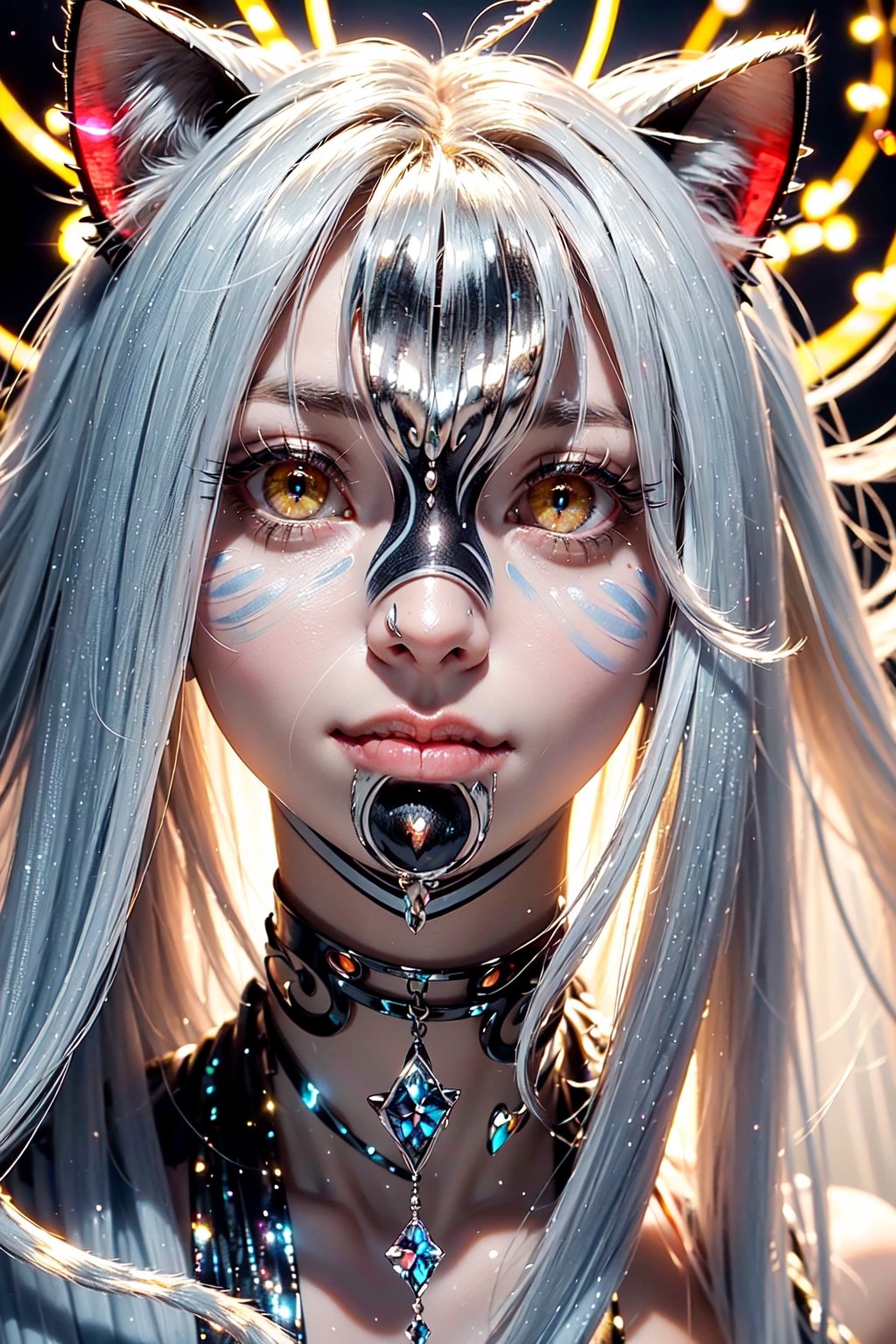 (cat,princess_luna,goddess),(bright_pupils,eye_glow,red_eyes),long_silver_hair,smile softly,forest background ,huge blue moon,face shot,(red and white entanglement),(crystal and silver entanglement),(catpupils:1.3),(cat whiskers:1.6),wild face pattern