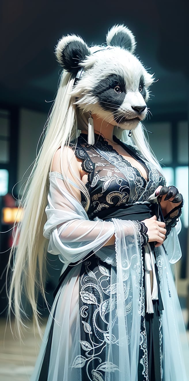 (panda ears:1.1),(Transparent Hanfu:1.2),(long curly hair),(Persian Paisley:1.2),street,(busty),(Skintight),masterpiece,Exquisite details and textures,(lace tones:1.3),(Black and white entanglement), (crystal and silver entanglement)