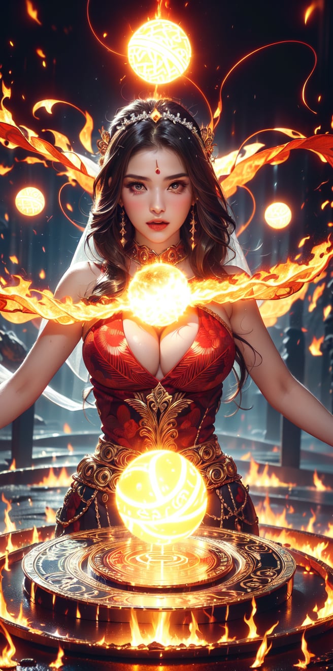 (goddess,bride,gaia),(Gorgeous sacred red glowing pattern:1.6),naked,busty,Fair face radiates radiance,((dark background)),glowing text("fire energy ball":1.4) on body,(Upper body pattern ,glowing_bits),