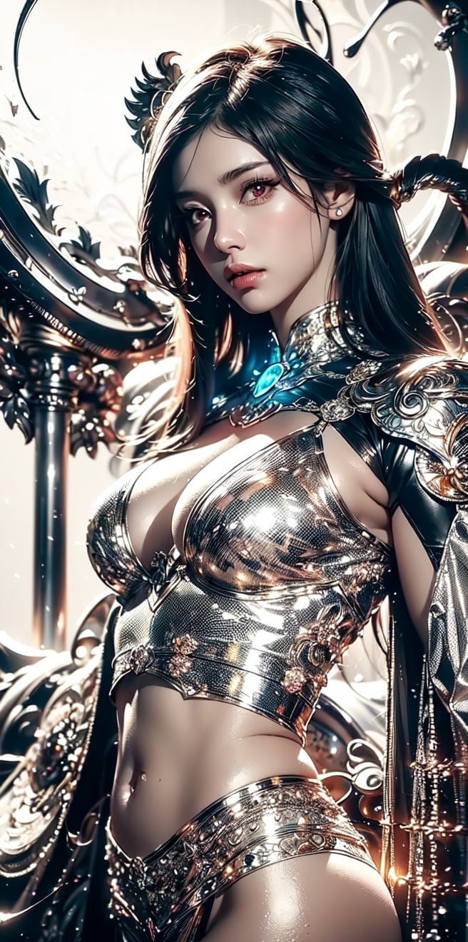 (Female paladin,Onmyoji, Saint Seiya),(Pixie,long_silver_hair),(red eyes),pink lace lace lingerie , silver armor over clothes,(complex Gorgeous dragon pattern armor), city. masterpiece, beautiful and aesthetic, 8K, HDR, high contrast,raw photo, best quality, realistic, photo-Realistic,  high contrast, vibrant color, muted colors, cinematic lighting, ambient lighting, sidelighting, Exquisite details and textures,ultra realistic illustration, siena natural ratio,(white tones:1.3),(shiny skin, fair skin),(lake|Enchantment),(crystal magic_circle),Black and white entanglement,crystal and silver entanglement,post apocalyptic