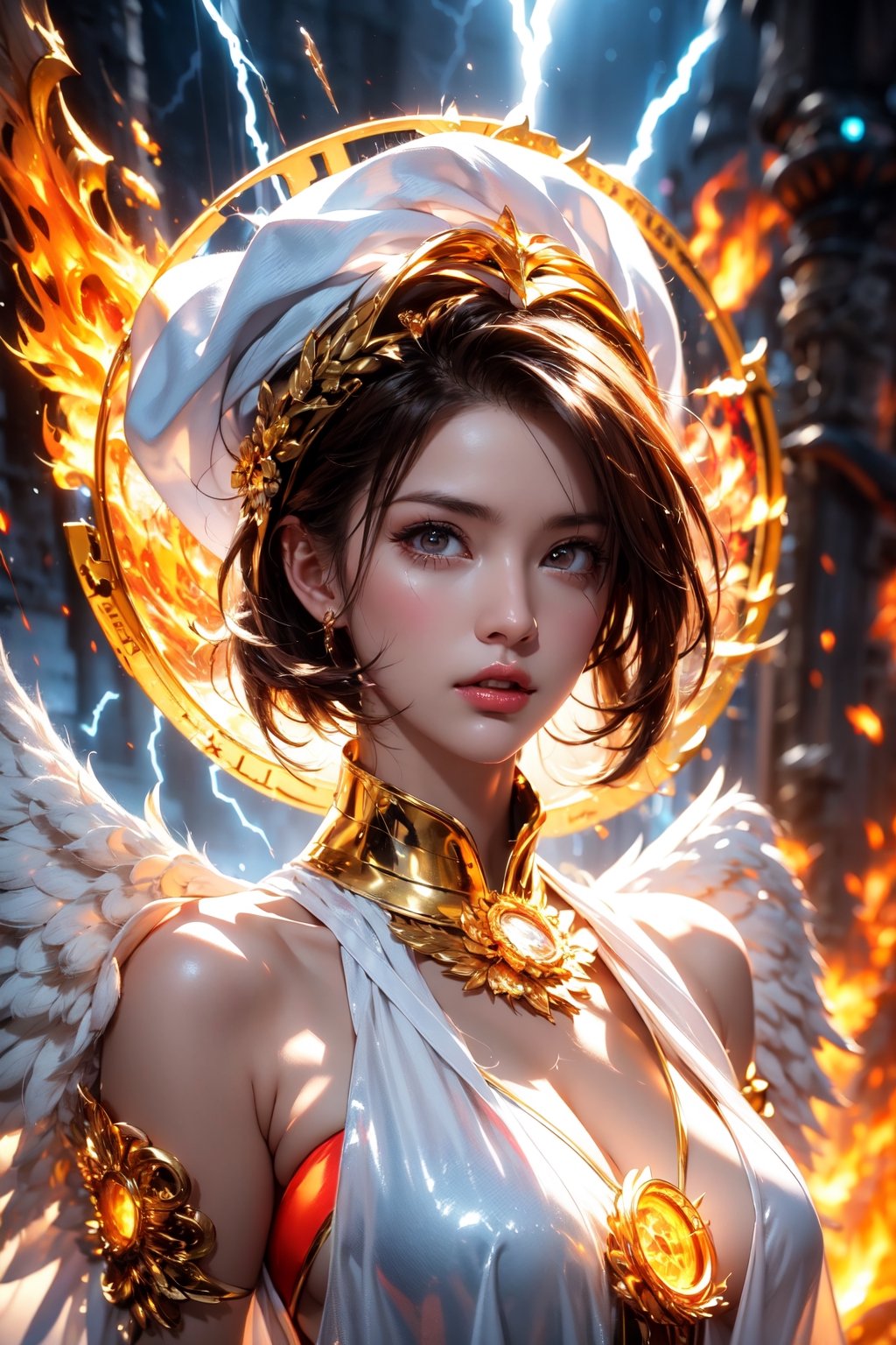 ((archangel)),(naked),(glowing eyes),(fire eye),(lightning),(thunder),(magic circle),best quality, masterpiece, beautiful and aesthetic, 16K, (HDR:1.4), high contrast, bokeh:1.2, lens flare, (vibrant color:1.4), (muted colors, dim colors, soothing tones:0), cinematic lighting, ambient lighting, sidelighting, Exquisite details and textures, cinematic shot, Warm tone, (Bright and intense:1.2), wide shot, by playai, ultra realistic illustration, siena natural ratio, anime style, (Renaissance fantasy theme:1.2), (cute girl costume:1.4), half body view, long length layered bob cut, (expressionless:0.8), Orange bracelet, wearing a beautiful white outfit and furry white hat. Vintage art style, a beautiful Swedish girl, icy eyeshadow, Pale skin, a pearl necklace, Mistyrose-hued portrait blending styles of John Raymond Garrett, Richard Corben, Gahan Wilson, featuring detailed facial features with sharp eyes and soft skin texture, chiaroscuro lighting, high contrast, pen and ink, ultra fine detailing.
