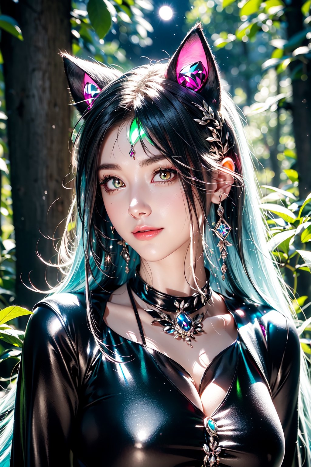 (cat,princess_luna,goddess),(bright_pupils,eye_glow,red_eyes),long_silver_hair,smile softly,forest background ,huge blue moon,face shot