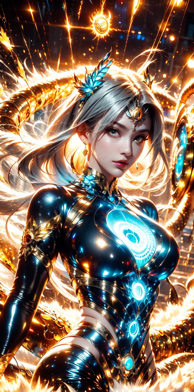  The magic tattoos on the body extend outwards to form a magic circle.(goddess,venus,iron woman),busty,(Complex luminous structure design:1.2),golden plasma electromagnetic shield,crystal and silver entanglement,