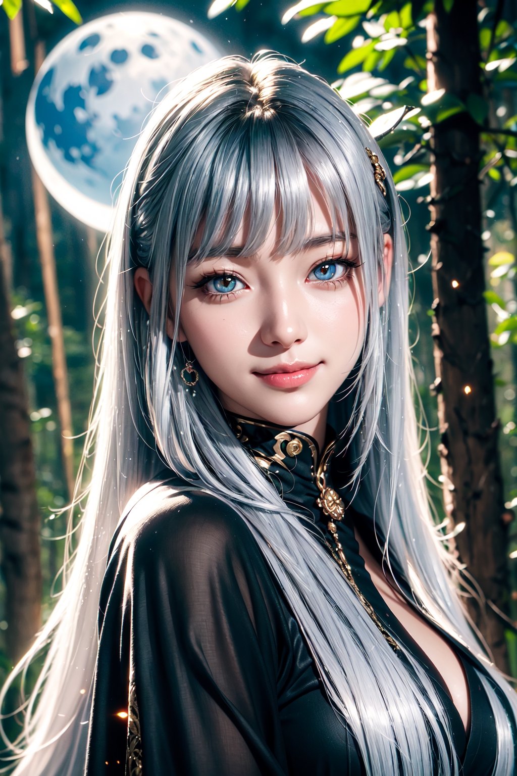 (cat,Tsukuyomi,goddess),bright_pupils,eye_glow,red_eyes,long_silver_hair,smile softly,forest background ,huge blue moon,face shot