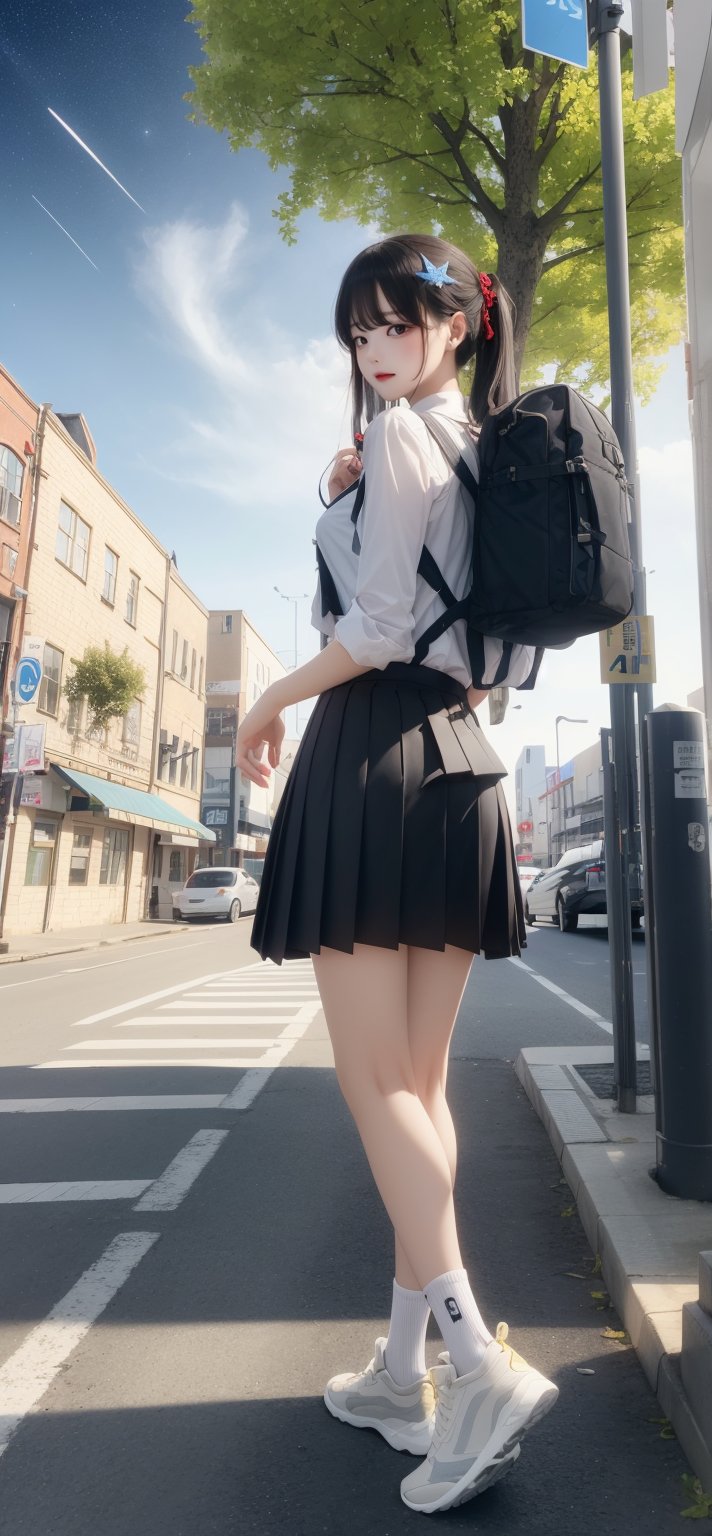 (fulldetail), (4k), 8k, long hair, multiple girls, skirt, shirt, black hair, hair ornament, long sleeves, dress, 2girls, school uniform, white shirt, pleated skirt, outdoors, sky, shoes, socks, black skirt, bag, from behind, two side up, tree, night, holding hands, backpack, building, sneakers, star \(sky\), night sky, scenery, starry sky, walking, shoulder bag, city, sign, road, lamppost, street, midjourney, perfect face, perfect body, ((perfect hands:1.3)), perfect legs