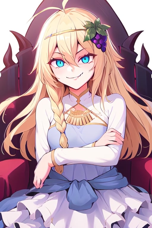 1girl, solo, blonde hair, long hair,hair between eyes, blue eyes,ahoge, braid, hair ornament,grapes, blue dress, long sleeves, gradient dress, layered dress, dress, white dress, (sitting:1.1), (trone, gold trone:1.2), pose, palace, (evil smile, evil eyes:1.4), upper body,edgGesugao, closed mouth