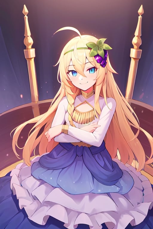 1girl, solo, blonde hair, long hair,hair between eyes, blue eyes,ahoge, braid, hair ornament,grapes, blue dress, long sleeves, gradient dress, layered dress, dress, white dress, (sitting:1.1), (trone, gold trone:1.2), pose, palace, evil smile, evil eyes, upper body