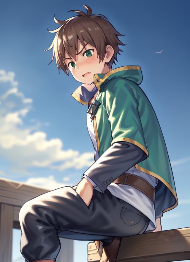 1boy, anime, short hair, brown hair, green eyes, cape, green cape, white shirt, black pants, brown belt, 1boy, serious, gray sleeves, black pants, 