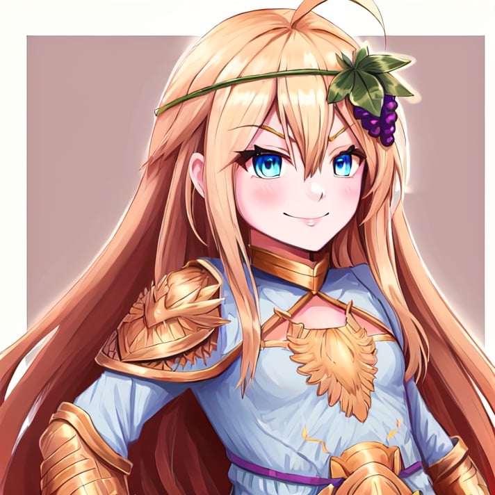 1girl, solo, blonde hair, long hair, hair between eyes, blue eyes, ahoge, bair, hair ornament, grapes ornament, long sleeves, small breasts, collar, evil smile, evil eyes, 10yo, armor, gold armor, girl