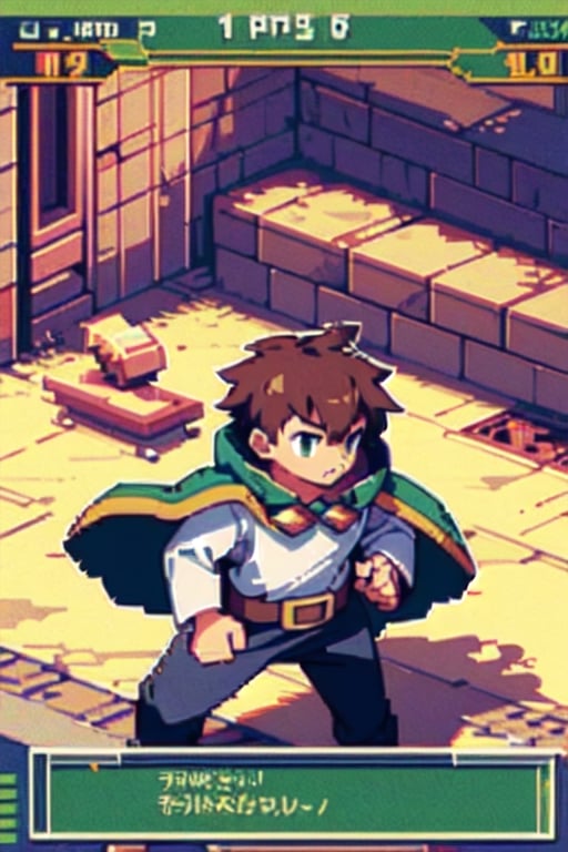 anime, short hair, brown hair, green eyes, cape, green cape, white shirt, black pants, brown belt, 1boy, serious, pixelart,Pixel art,Pixel_Art,pixelart