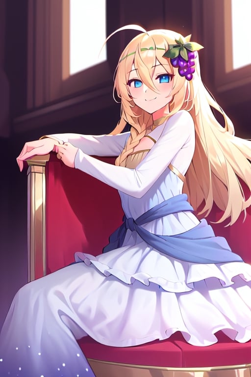 1girl, solo, blonde hair, long hair,hair between eyes, blue eyes,ahoge, braid, hair ornament,grapes, blue dress, long sleeves, gradient dress, layered dress, dress, white dress, (sitting:1.1), (trone, gold trone:1.2), pose, palace, evil smile, evil eyes, posing