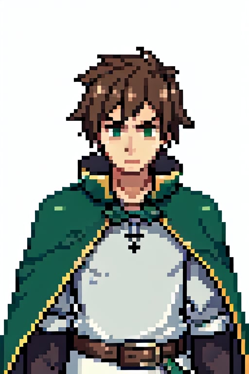 anime, short hair, brown hair, green eyes, cape, green cape, white shirt, black pants, brown belt, 1boy, serious, pixelart,Pixel art