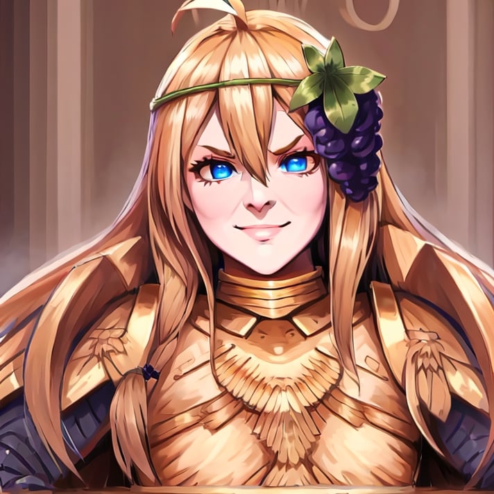 1girl, solo, blonde hair, long hair, hair between eyes, blue eyes, ahoge, bair, hair ornament, grapes ornament, long sleeves, small breasts, collar, evil smile, evil eyes, 10yo, armor, gold armor, girl