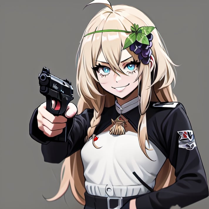 1girl, solo, blonde hair, long hair, hair between eyes, blue eyes, ahoge, bair, hair ornament, grapes ornament, nazi uniform, long sleeves, fbi uniform, crime scene background, pointing a gun at the camera, xuer pistol, black uniform, small breasts, 1 pistol, collar, nazi uniform, tgag, nazi, Nazi red ribbon, red ribbon, evil smile, evil eyes