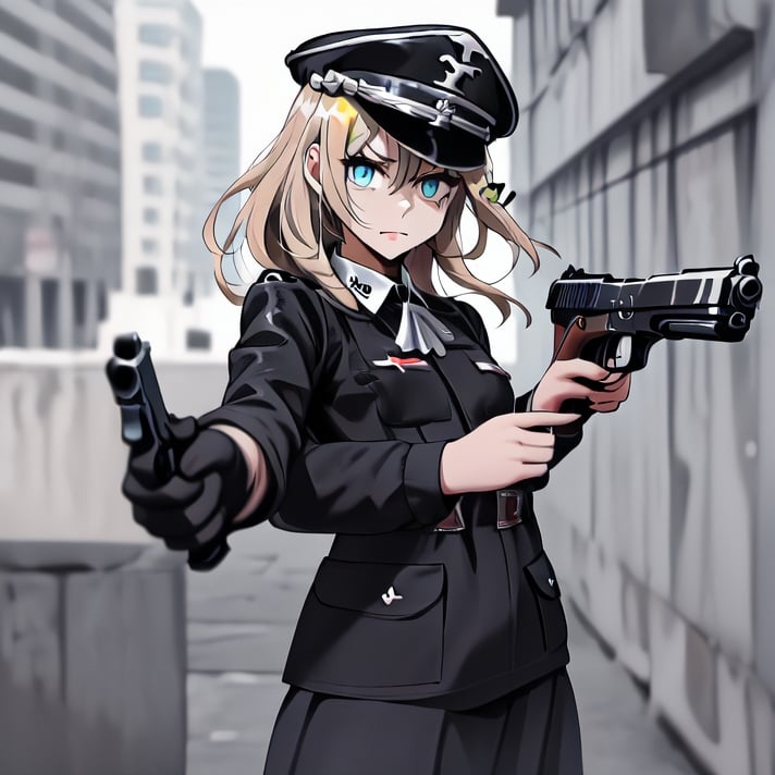 1girl, solo, blonde hair, long hair, hair between eyes, blue eyes, ahoge, bair, hair ornament, grapes ornament, nazi uniform, long sleeves, fbi uniform, crime scene background, pointing a gun at the camera, xuer pistol, black uniform, small breasts, 1 pistol, collar, nazi uniform, tgag, nazi, Nazi red ribbon, red ribbon