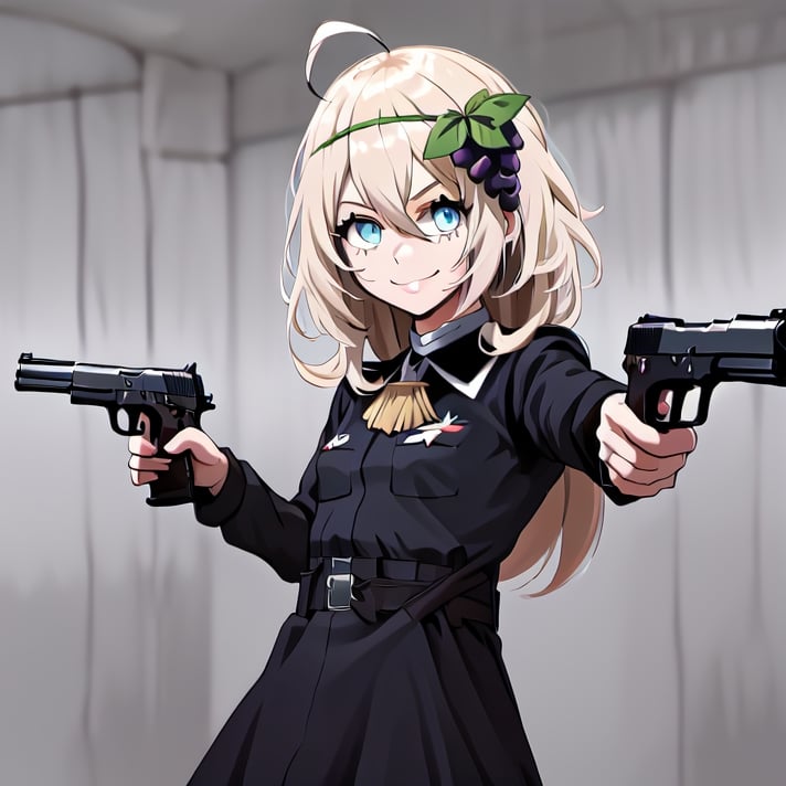 1girl, solo, blonde hair, long hair, hair between eyes, blue eyes, ahoge, bair, hair ornament, grapes ornament, nazi uniform, long sleeves, fbi uniform, crime scene background, pointing a gun at the camera, xuer pistol, black uniform, small breasts, 1 pistol, collar, nazi uniform, tgag, nazi, Nazi red ribbon, red ribbon, evil smile, evil eyes, 10yo, 