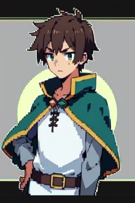 anime, short hair, brown hair, green eyes, cape, green cape, white shirt, black pants, brown belt, 1boy, serious,pixelart