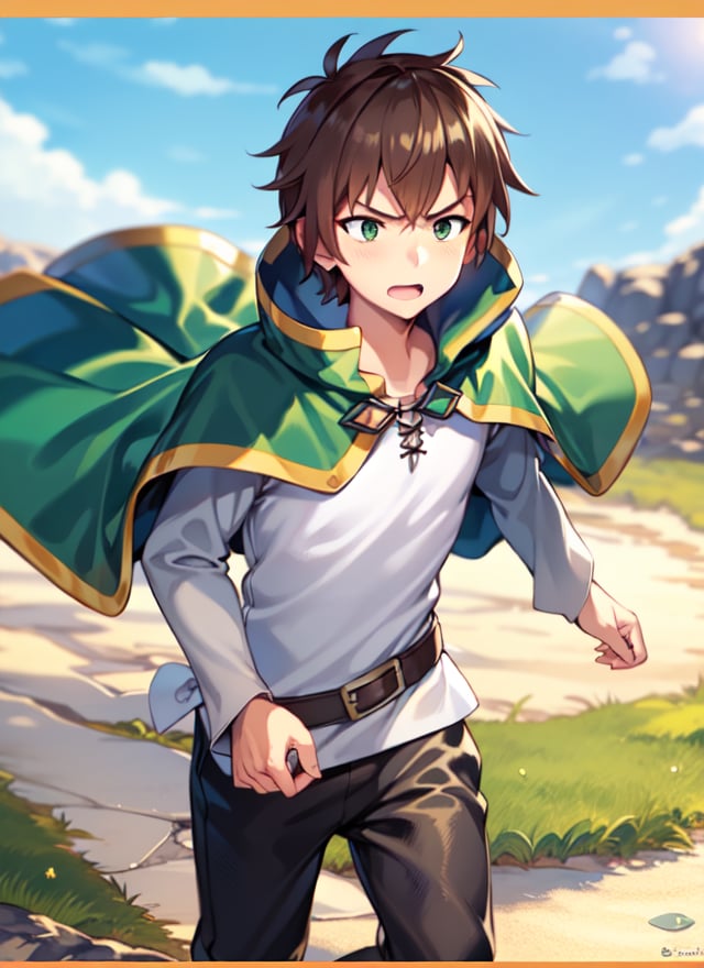 1boy, anime, short hair, brown hair, green eyes, cape, green cape, white shirt, black pants, brown belt, 1boy, serious, gray sleeves, black pants, 