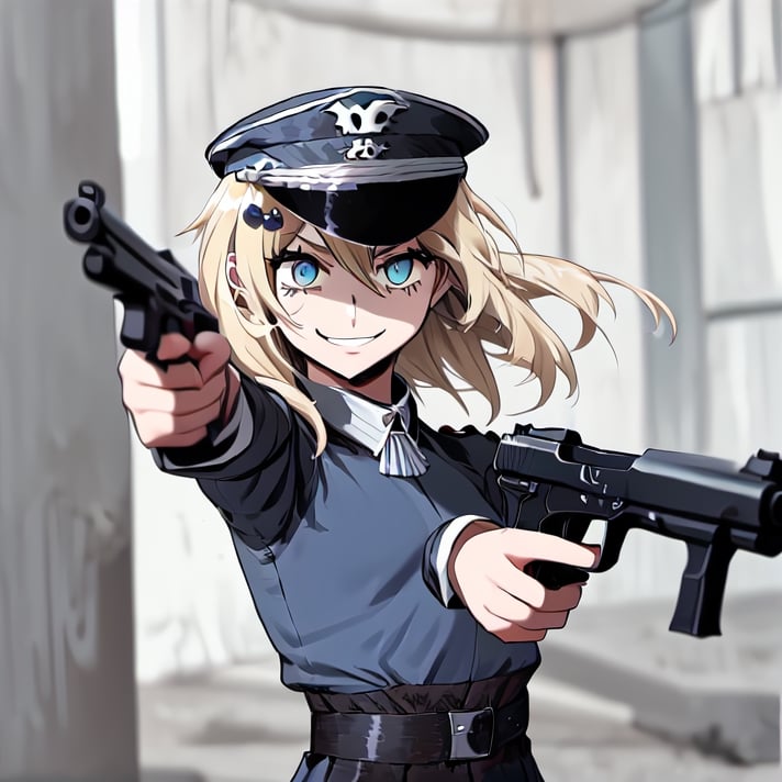 1girl, solo, blonde hair, long hair, hair between eyes, blue eyes, ahoge, bair, hair ornament, grapes ornament, nazi uniform, long sleeves, fbi uniform, crime scene background, pointing a gun at the camera, xuer pistol, black uniform, small breasts, 1 pistol, collar, nazi uniform, tgag, nazi, Nazi red ribbon, red ribbon, evil smile, evil eyes