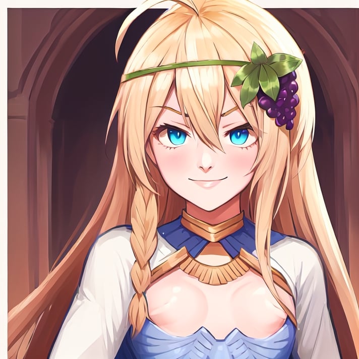 1girl, solo, blonde hair, long hair, hair between eyes, blue eyes, ahoge, bair, hair ornament, grapes ornament, long sleeves, small breasts, collar, evil smile, evil eyes, 10yo, armor, gold armor, girl