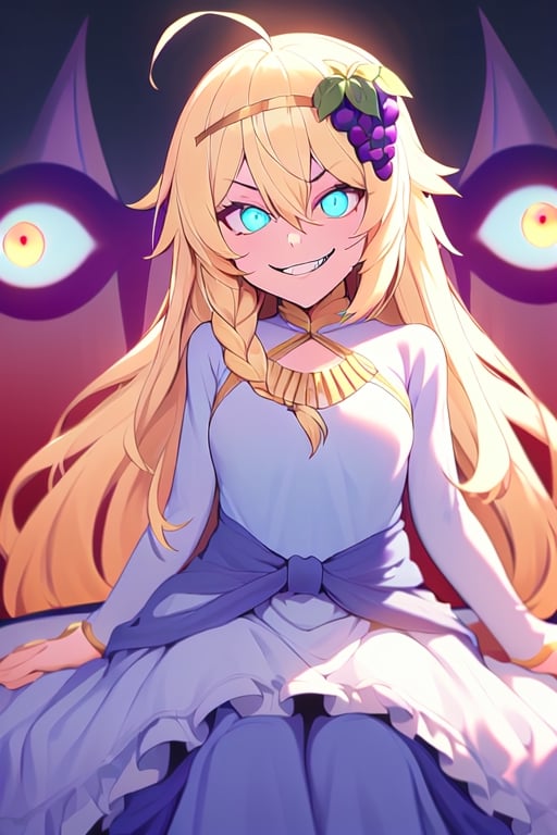 1girl, solo, blonde hair, long hair,hair between eyes, blue eyes,ahoge, braid, hair ornament,grapes, blue dress, long sleeves, gradient dress, layered dress, dress, white dress, (sitting:1.1), (trone, gold trone:1.2), pose, palace, (evil smile, evil eyes:1.4), upper body,edgGesugao, closed mouth