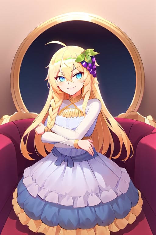 1girl, solo, blonde hair, long hair,hair between eyes, blue eyes,ahoge, braid, hair ornament,grapes, blue dress, long sleeves, gradient dress, layered dress, dress, white dress, (sitting:1.1), (trone, gold trone:1.2), pose, palace, (evil smile, evil eyes:1.4), upper body