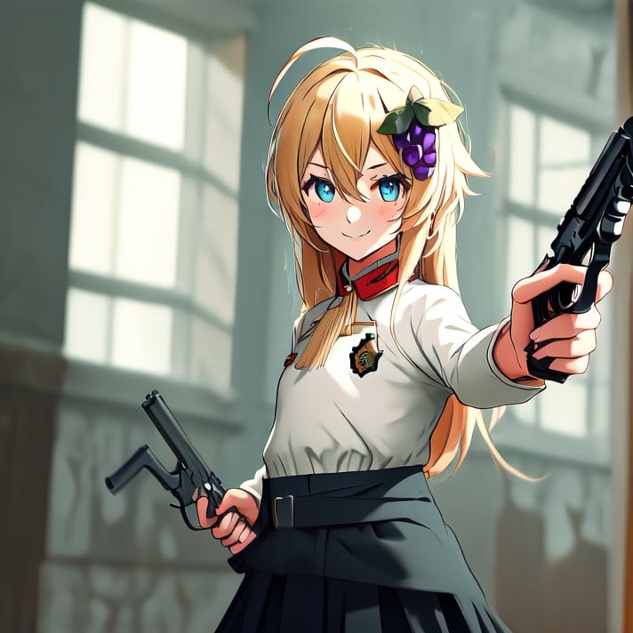 1girl, solo, blonde hair, long hair, hair between eyes, blue eyes, ahoge, bair, hair ornament, grapes ornament, nazi uniform, long sleeves, fbi uniform, crime scene background, pointing a gun at the camera, xuer pistol, black uniform, small breasts, 1 pistol, collar, evil smile, evil eyes, 10yo, ranoa magic academy school uniform 