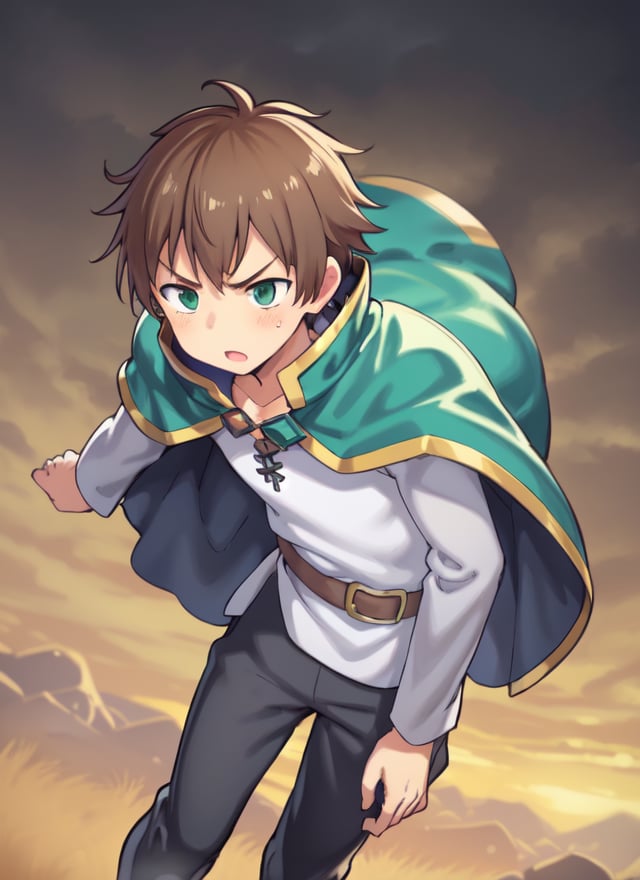 1boy, anime, short hair, brown hair, green eyes, cape, green cape, white shirt, black pants, brown belt, 1boy, serious, gray sleeves, black pants, 