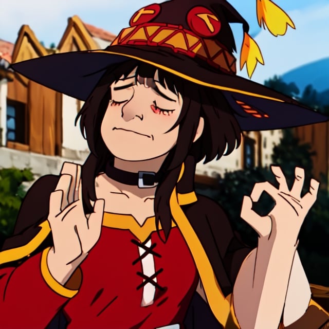 PachaMeme, ,Megu-KJ, megumin, red eyes, brown hair, short hair, wizzard hat, red dress, brown cape, standding, meme, closed eyes, closed mouth, 1girl, solo, small breasts