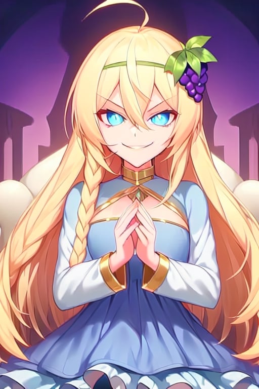 1girl, solo, blonde hair, long hair,hair between eyes, blue eyes,ahoge, braid, hair ornament,grapes, blue dress, long sleeves, gradient dress, layered dress, dress, white dress, (sitting:1.1), (trone, gold trone:1.2), pose, palace, (evil smile, evil eyes:1.4), upper body,edgGesugao, closed mouth