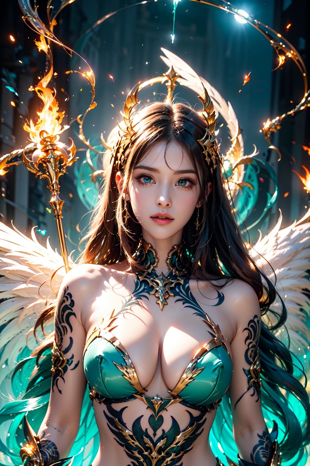 ((archangel)), ((tattoo)),((flying lightning ball)),{beautiful and detailed eyes}, upper body, natural and soft light,  delicate facial features, ((fire eagle)),  ((holy light)). ((green fire)),((bule lightning)),(( 28yo)) ,